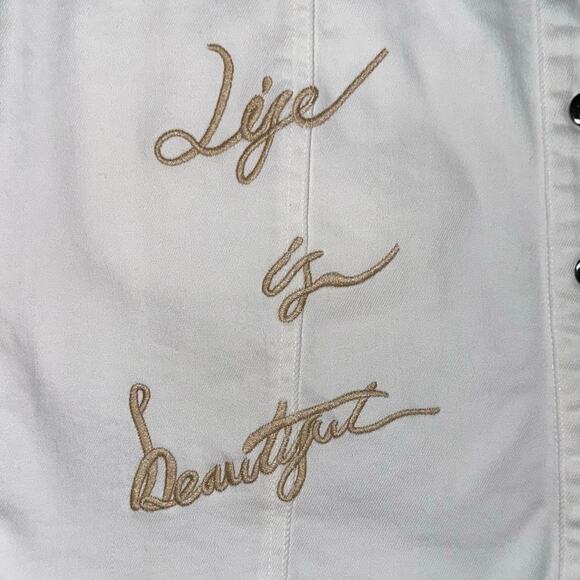 Gianni Bini White Denim ‘Life Is Beautiful’ Fringe Snap Front Mini Skirt Size M - Picture 4 of 12